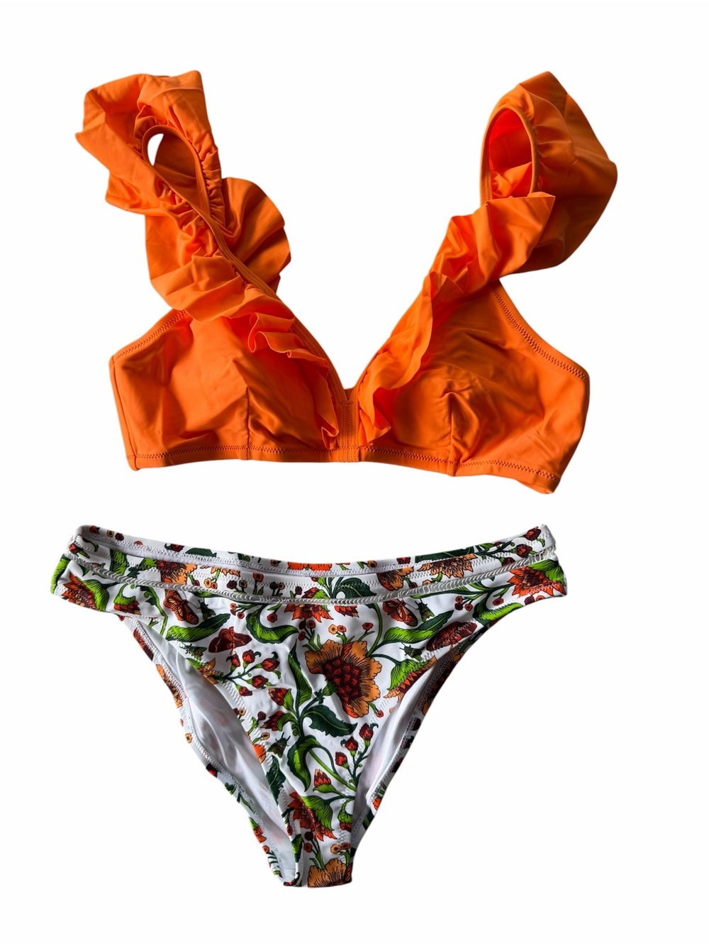 Cupshe NEW Women's Orange Ruffle Bikini with Floral Bottom Size M #260298